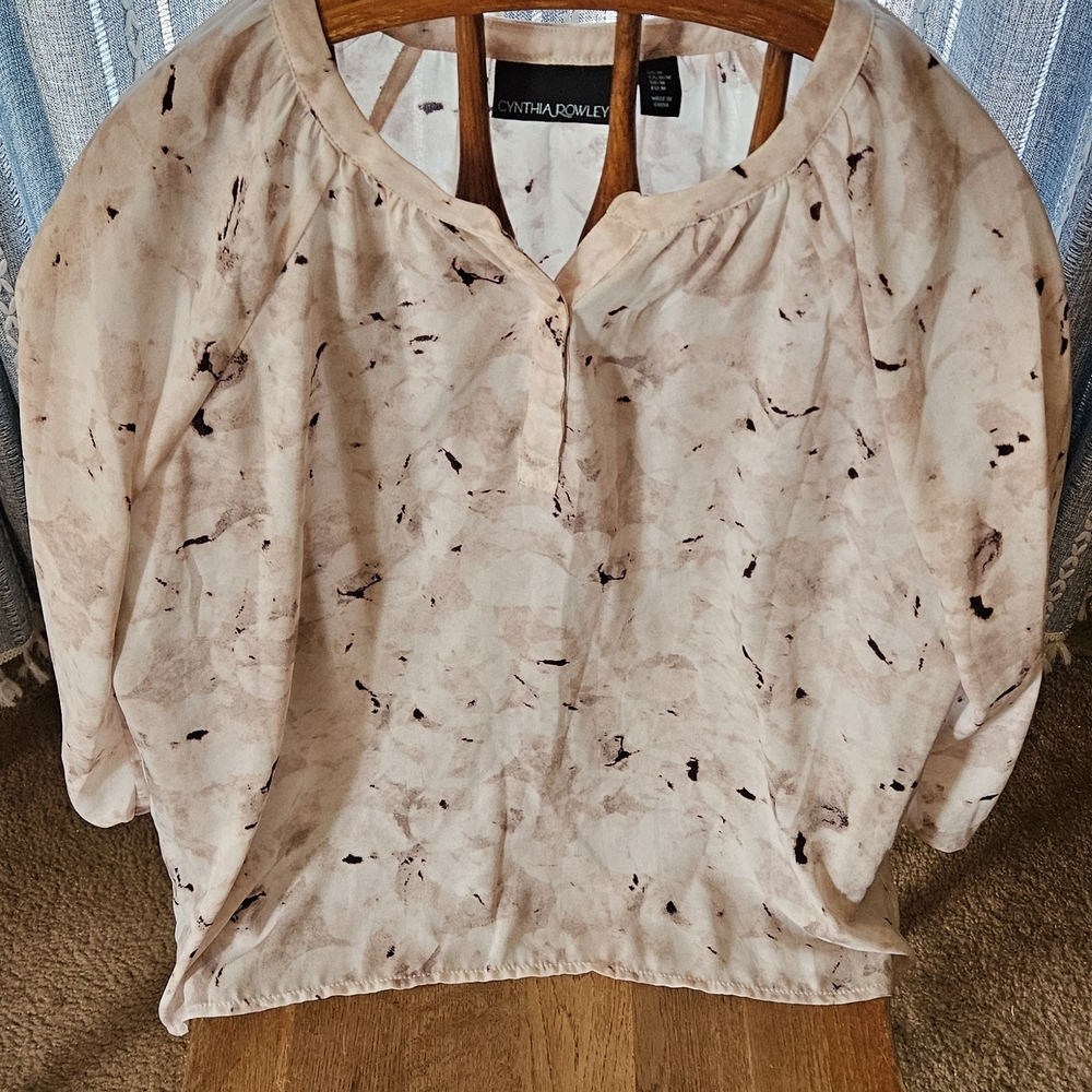 Cynthia Rowley Cream Brown Abstract Print Blouse Size M